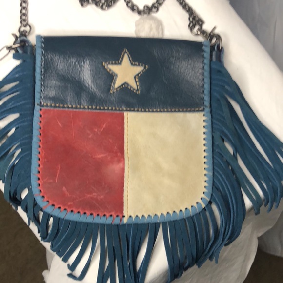 P&G Texas flag genuine leather red, cream, and blue crossbody with fringes. - Picture 12 of 16